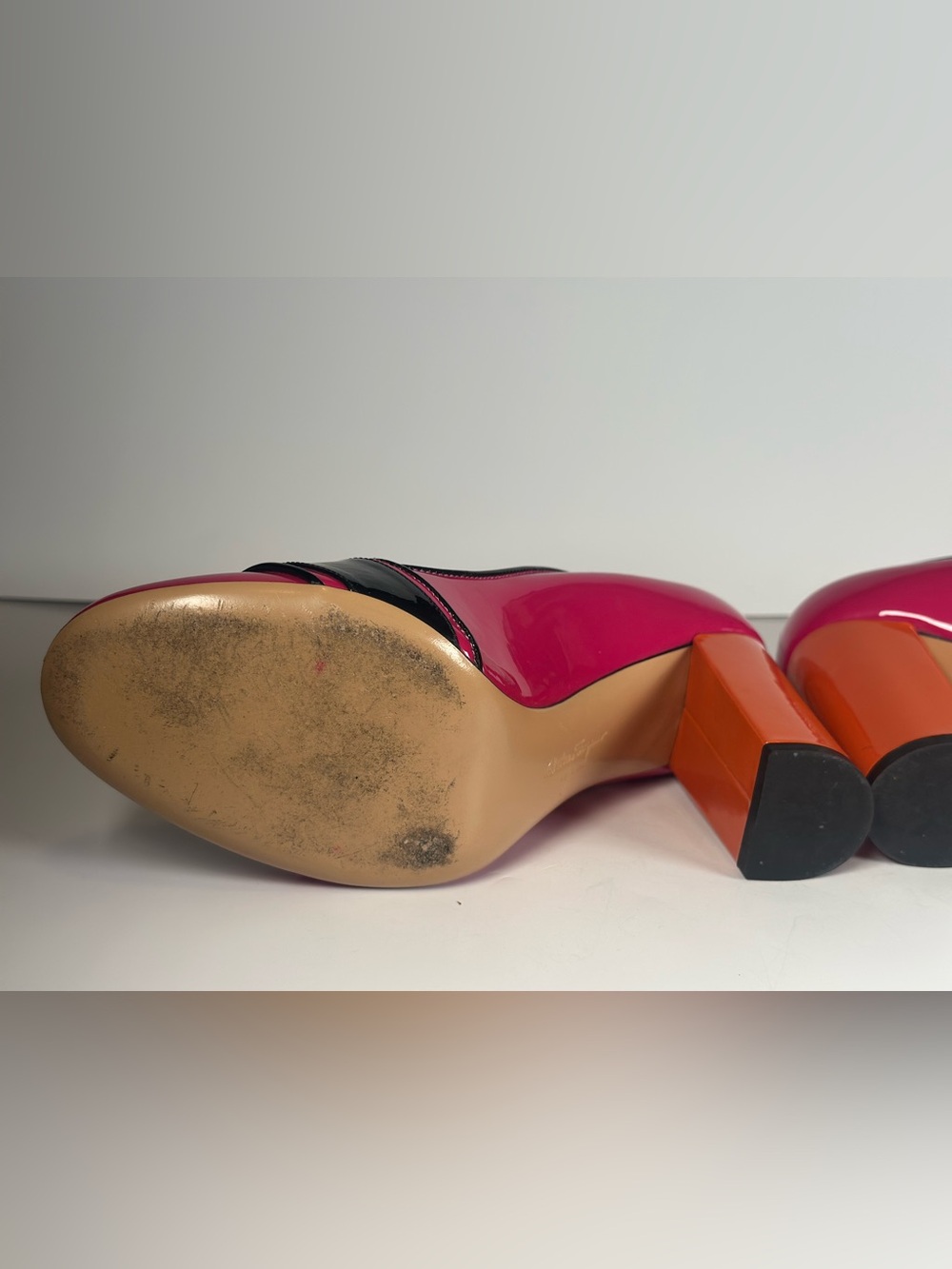 Salvatore Ferragamo Pink and Orange Patent Leather Block Heel Pumps - Picture 9 of 9
